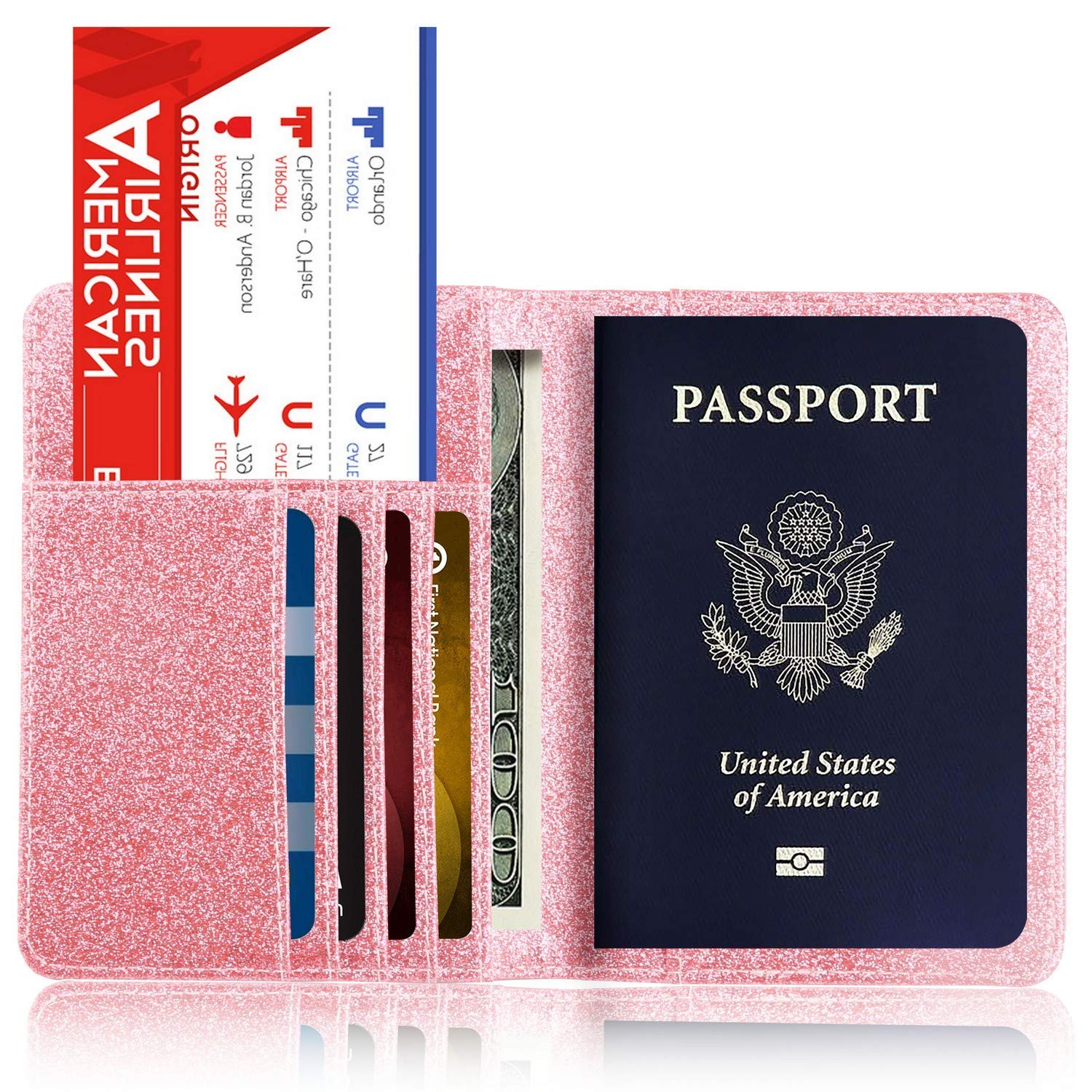 Leather Passport Holder Cover Leather Rfid Blocking Passport Wallet Case for Men Women, Sparkling Pink